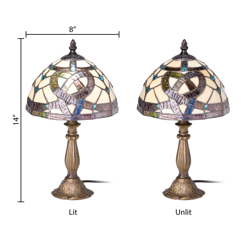 Two views of Celtic Stained Glass Amber Pathway Table Lamp on a white background, labeled 'Lit' and 'Unlit', with dimension lines showing 8 inches wide and 14 inches tall.
