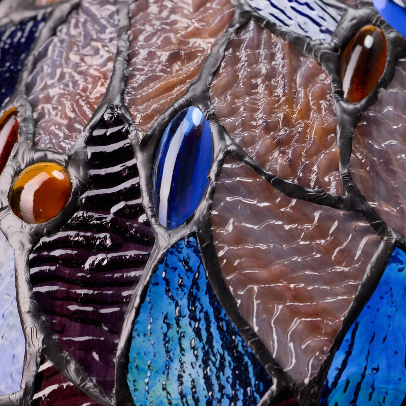 Close-up of stained glass effect on the Celtic Stained Glass Fairy Pool Table Lamp