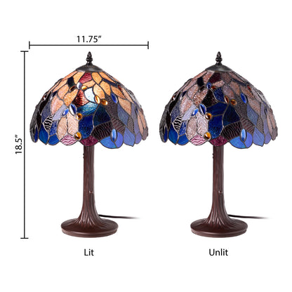 Celtic Stained Glass Fairy Pool Table Lamps, one lit and one unlit, showing dimensions 18.5 inches tall x 11.75 inches wide.