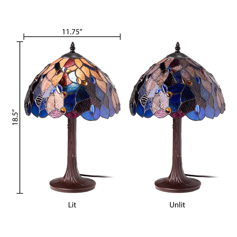 Celtic Stained Glass Fairy Pool Table Lamps, one lit and one unlit, showing dimensions 18.5 inches tall x 11.75 inches wide.