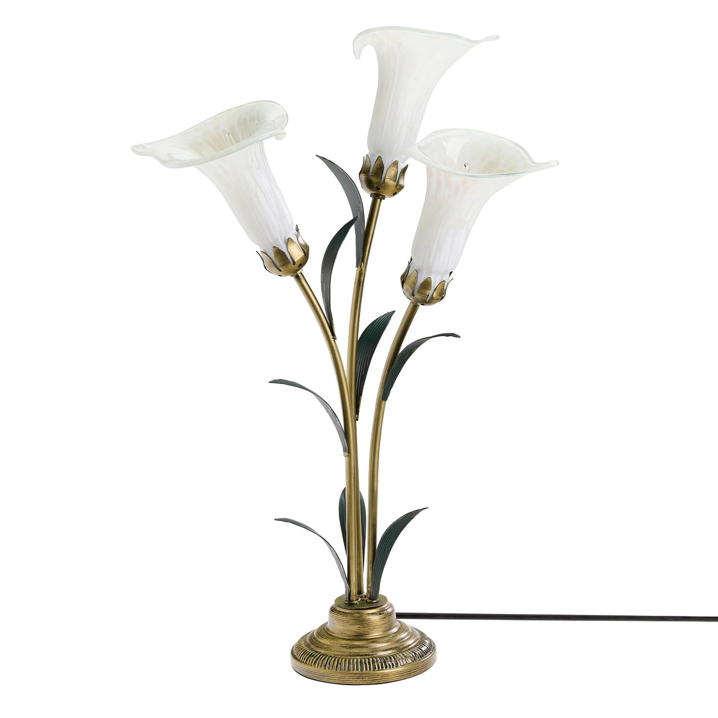 decorative handblown glass 3 light white lily table lamp on a white background