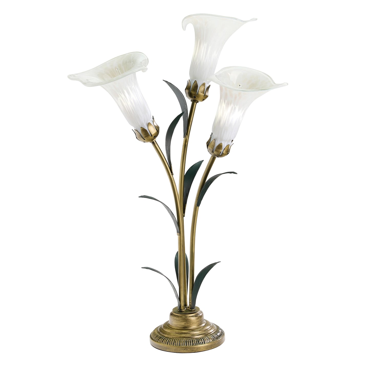 handblown glass 3 light white lily table lamp, featuring frosted white glass flower shades on curved gold-toned stems with dark green leaves, set on a decorative gold-tone base against a white background.