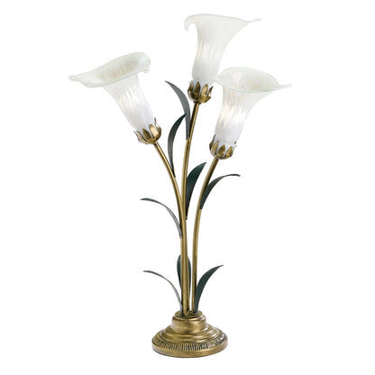 Handblown Glass 3 Light White Lily Table Lamp, featuring frosted white glass flower shades on curved gold-toned stems with dark green leaves, set on a decorative gold-tone base against a white background.