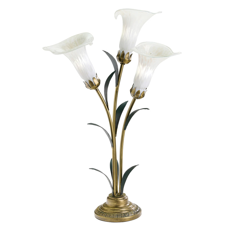Handblown Glass 3 Light White Lily Table Lamp, featuring frosted white glass flower shades on curved gold-toned stems with dark green leaves, set on a decorative gold-tone base against a white background.