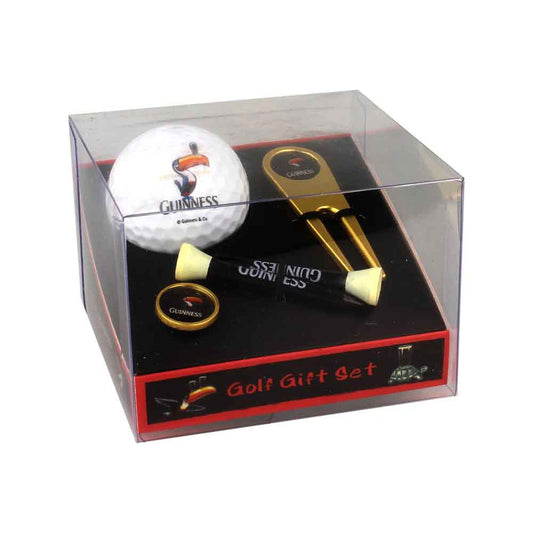 Guinness Gilroy Golf Ball and Accessories Gift Set featuring A golf ball, 2 tees, marker and pitch mark repairer. All with Guinness Toucan Logo