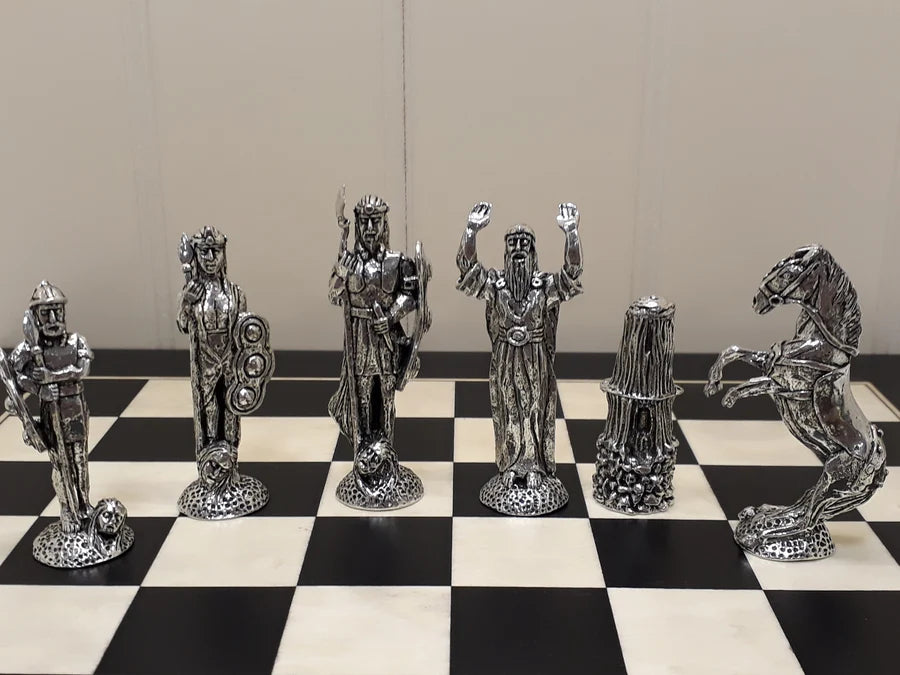 pewter chess pieces, featuring mythological irish figures, from the irish pewter celtic chess set & wooden board