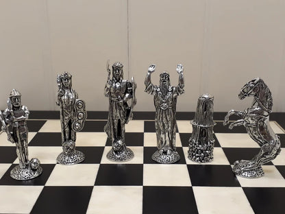 Pewter chess pieces, featuring Mythological Irish figures, from the Irish Pewter Celtic Chess Set & Wooden Board