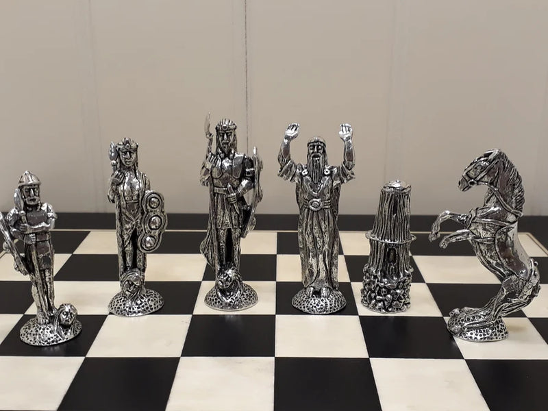 Pewter chess pieces, featuring Mythological Irish figures, from the Irish Pewter Celtic Chess Set & Wooden Board
