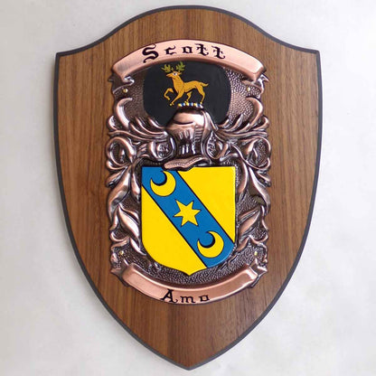 Coat of Arms | Hand Painted Plaque Large: A painted family crest and motto for the name Scott, mounted on a wooden shield base, on a white background