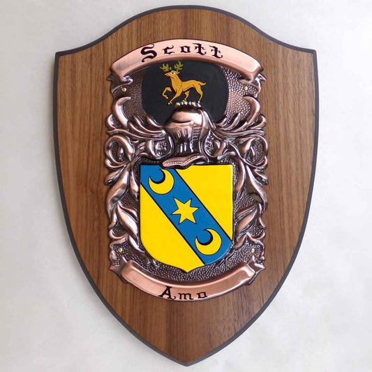 Coat of Arms | Hand Painted Plaque Large: A painted family crest and motto for the name Scott, mounted on a wooden shield base, on a white background