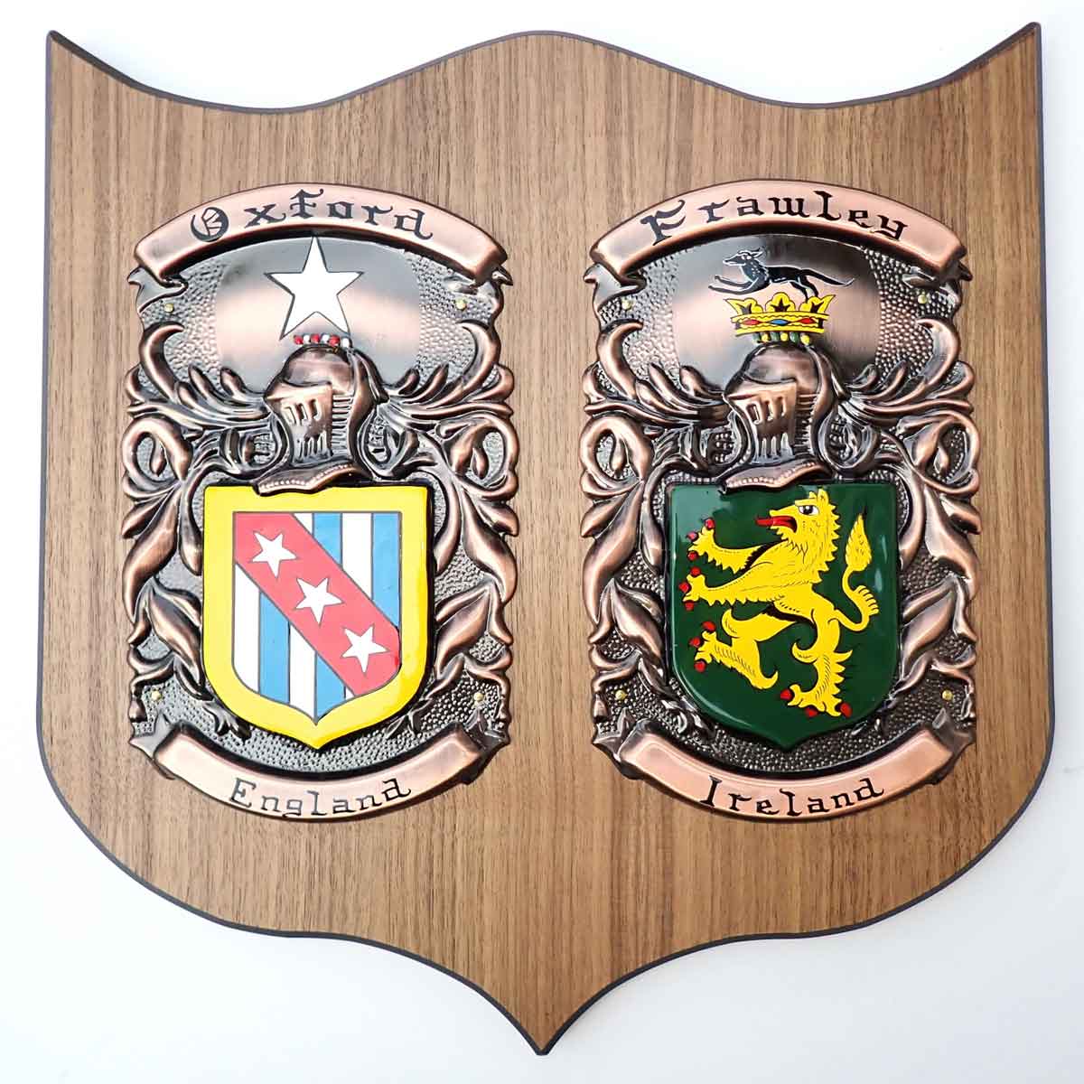 coat of arms | hand painted double plaque large: two painted family crests one from england and one from ireland, mounted on a wooden shield base, on a white background