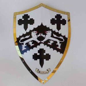 Hand Painted Coat of Arms Battle Shield with the Barlow family arms mounted on a white wall
