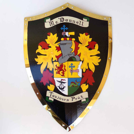 Hand Painted Coat of Arms Battle Shield with the full mantle for the McDonnell family from Ireland mounted on a white wall