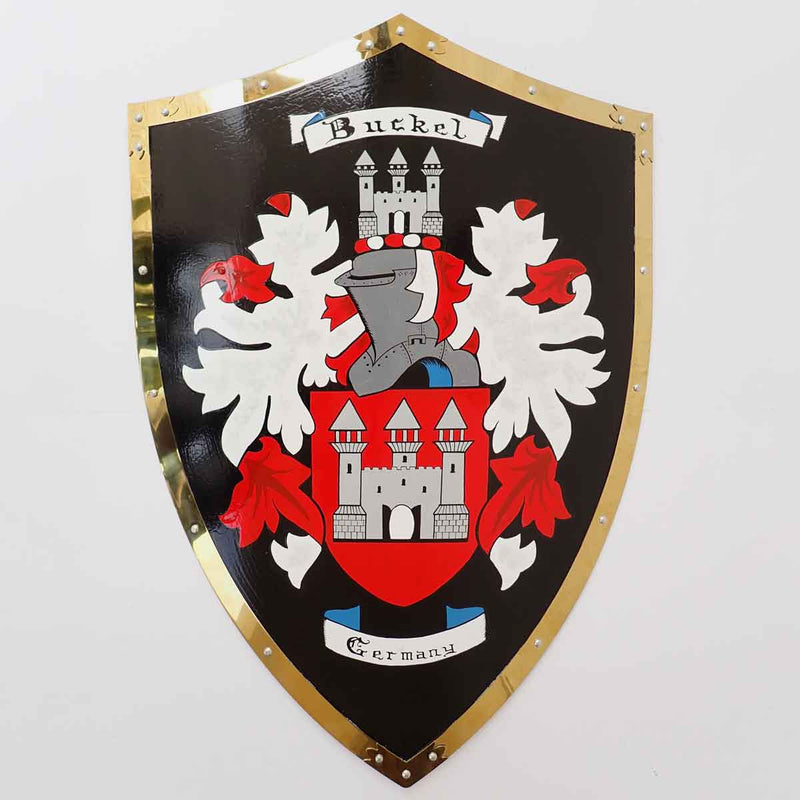 Hand Painted Coat of Arms Battle Shield with the full mantle for the Buckel family from Germany mounted on a white wall