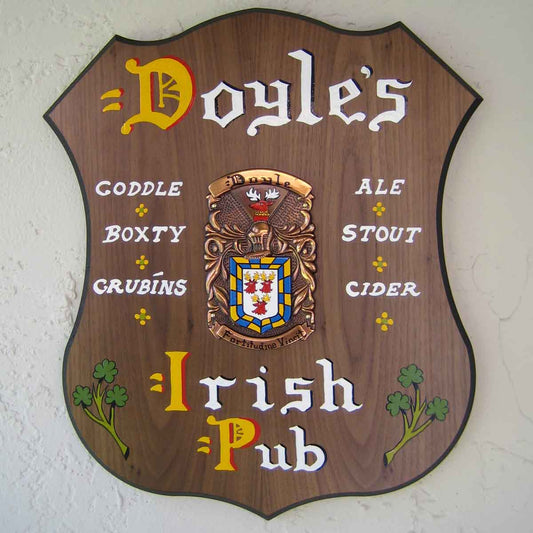 Personalized Decorative Wooden Pub Sign for 'Doyle's Irish Pub' with the Doyle coat of arms hand painted at its center. Decorative shamrocks and Irish fare hand painted around it. 