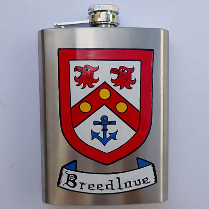 A stainless steel hip flask Hand Painted with the Breedlove Coat of Arms