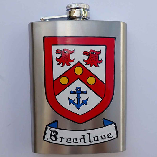 A stainless steel hip flask Hand Painted with the Breedlove Coat of Arms