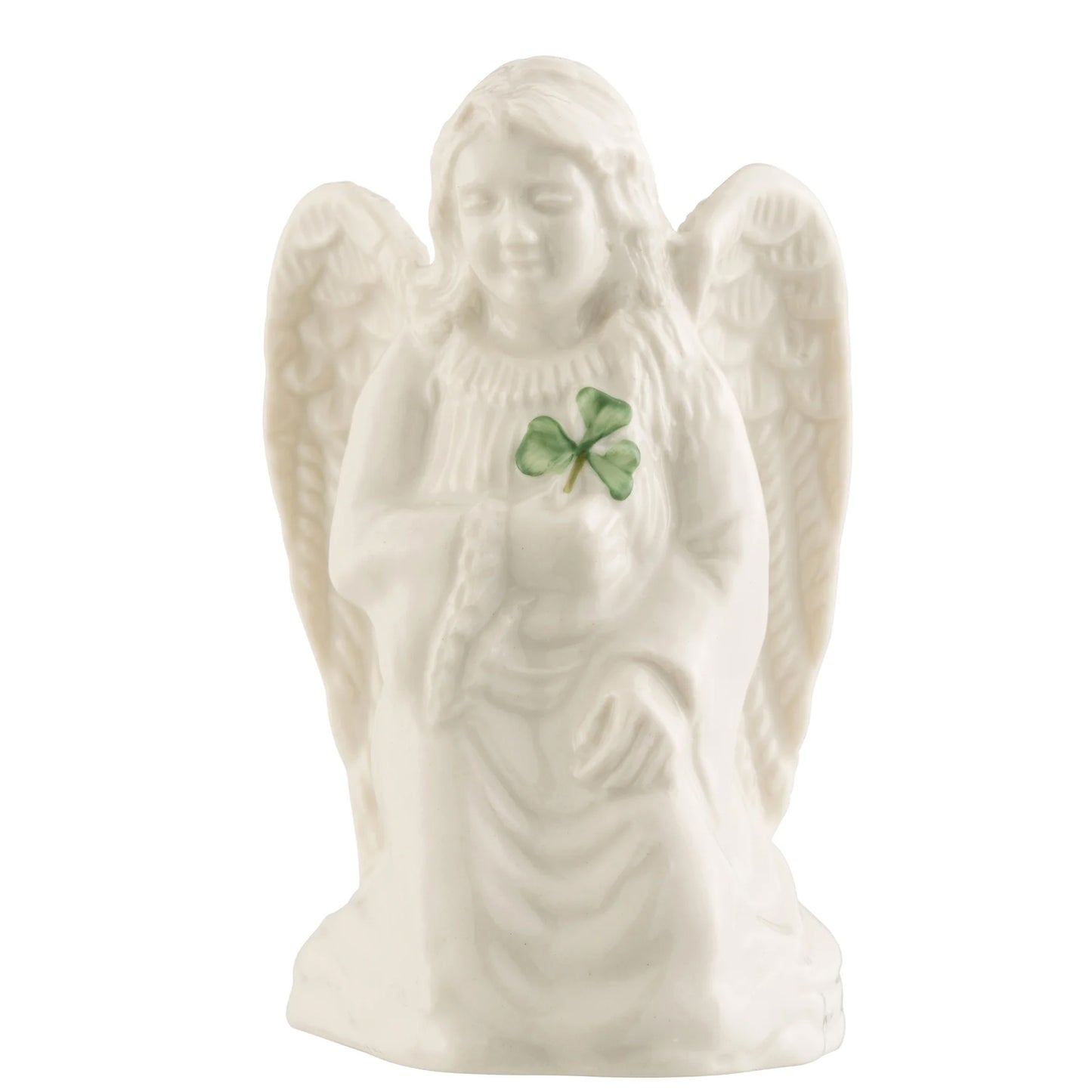 belleek angel of protection with a green shamrock on a white background
