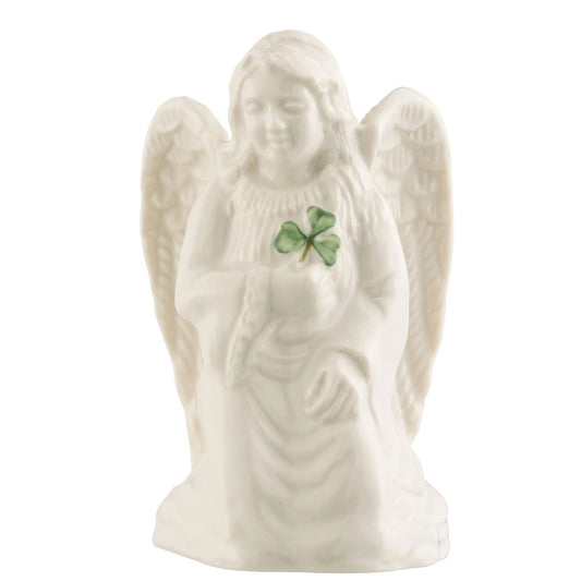 Belleek Angel of Protection with a green shamrock on a white background