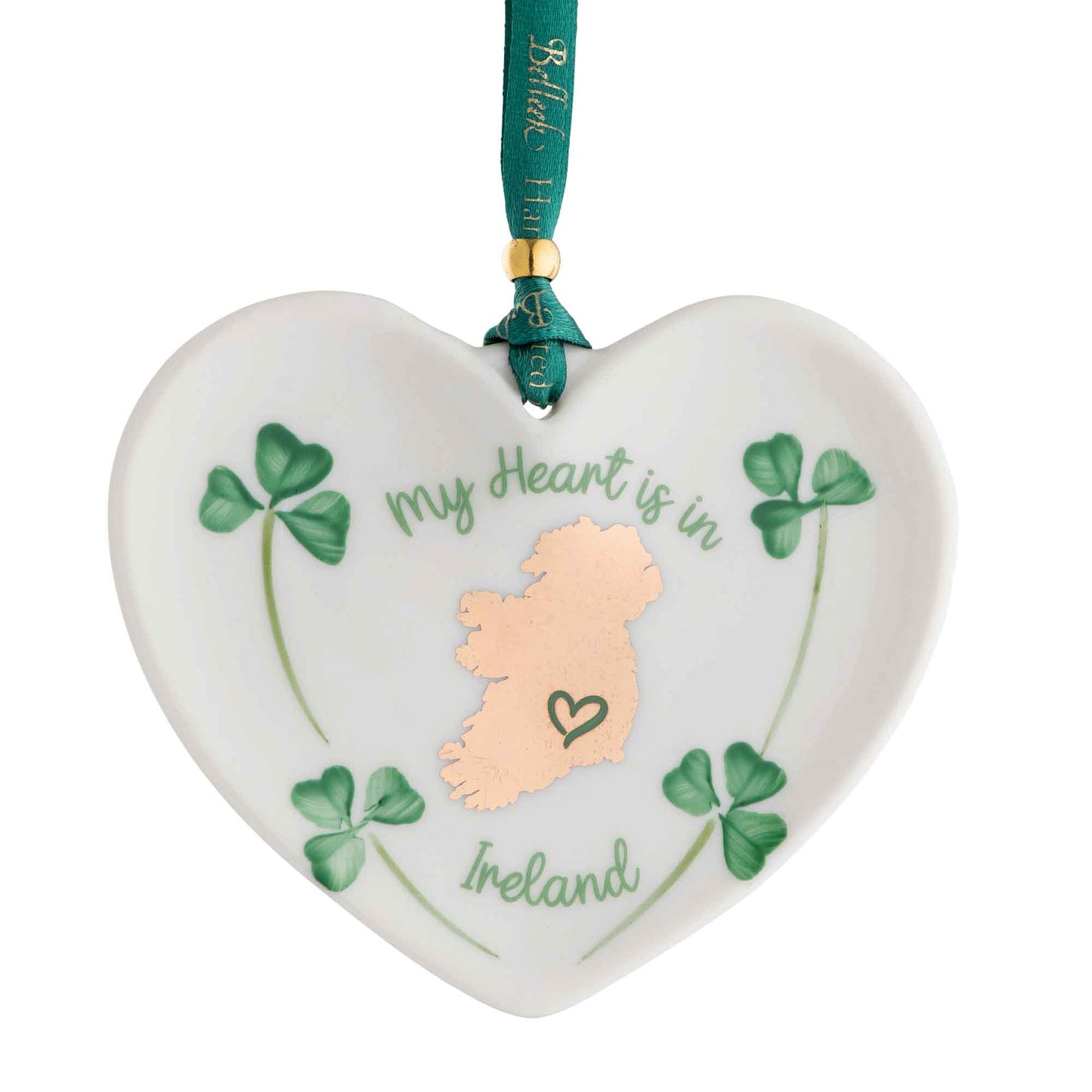 belleek heart-shaped ornament with shamrocks and 'my heart is in ireland' text on a white background