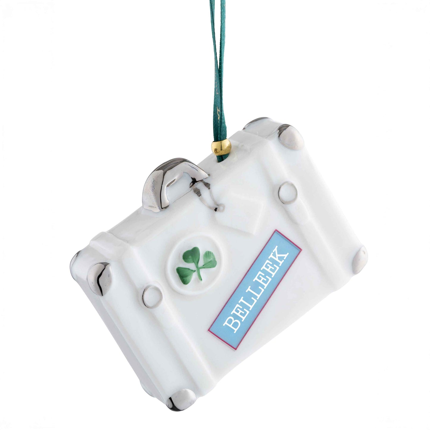 belleek vintage suitcase ornament - a white ceramic suitcase hanging ornament with belleek label  and green shamrock