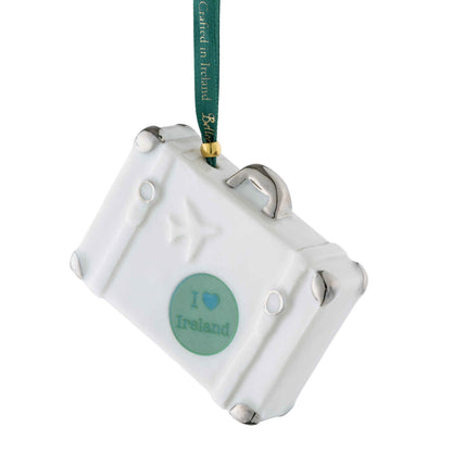 Belleek Vintage Suitcase Ornament -  Reverse view of A White decorative hanging ornament with 'I ❤️ Ireland' text.