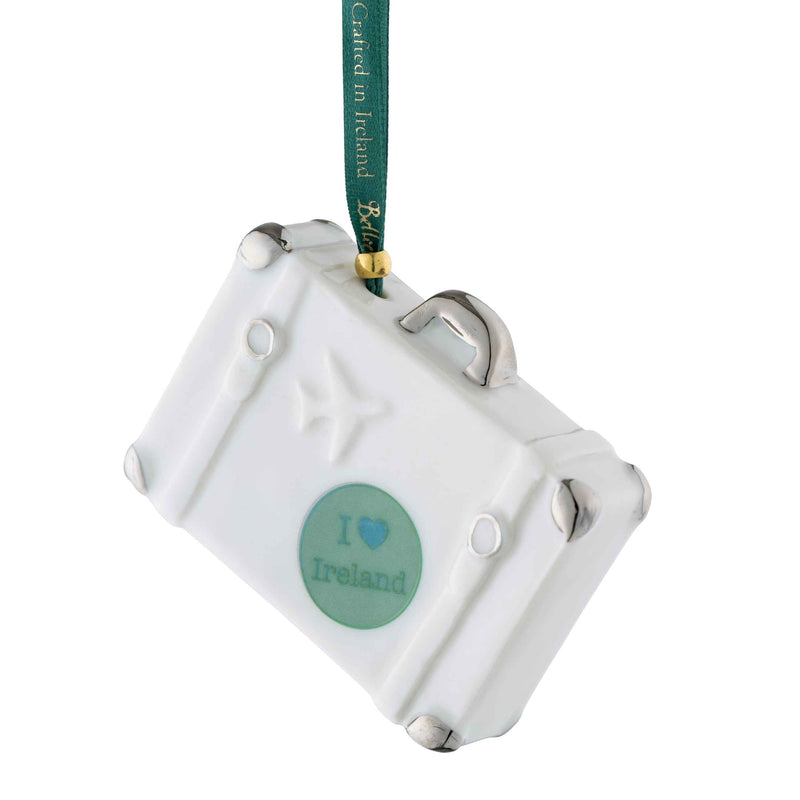 Belleek Vintage Suitcase Ornament -  Reverse view of A White decorative hanging ornament with 'I ❤️ Ireland' text.