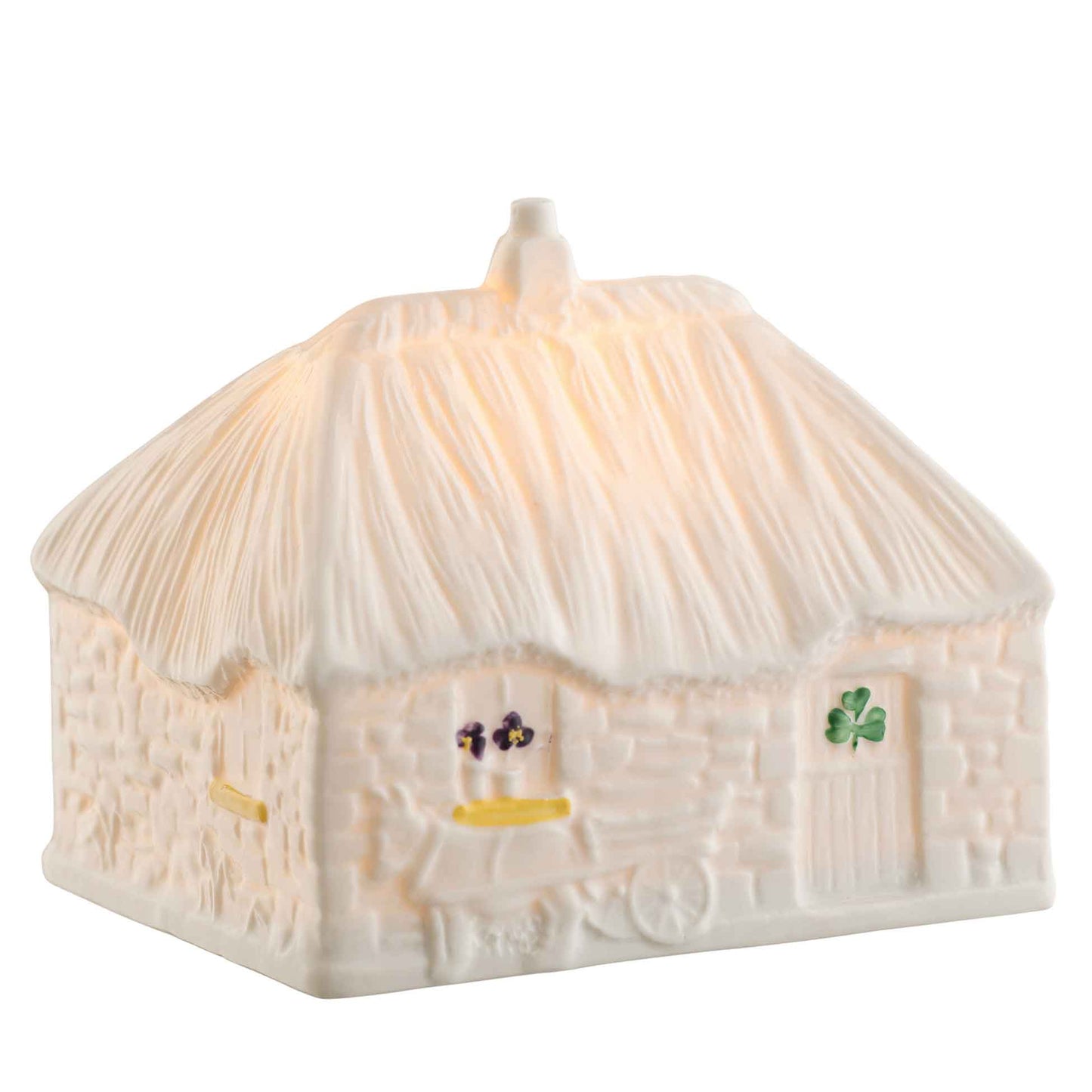 2025 led irish thatched cottage a cottage-shaped night light with shamrock design, with details like a donkey and cart and shamrocks.