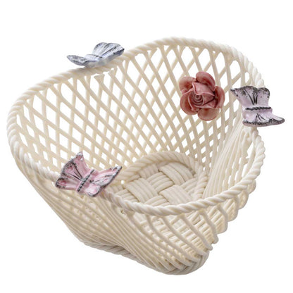 Belleek Pottery Butterfly Irish Basket decorated with hand painted butterflies and flowers on a white background