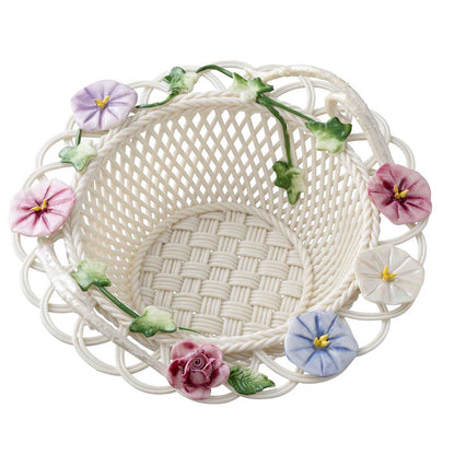 Belleek Pottery Morning Glory Irish Basket on a white 