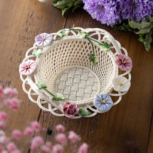 Belleek Pottery Morning Glory Irish Basket on a wooden surface