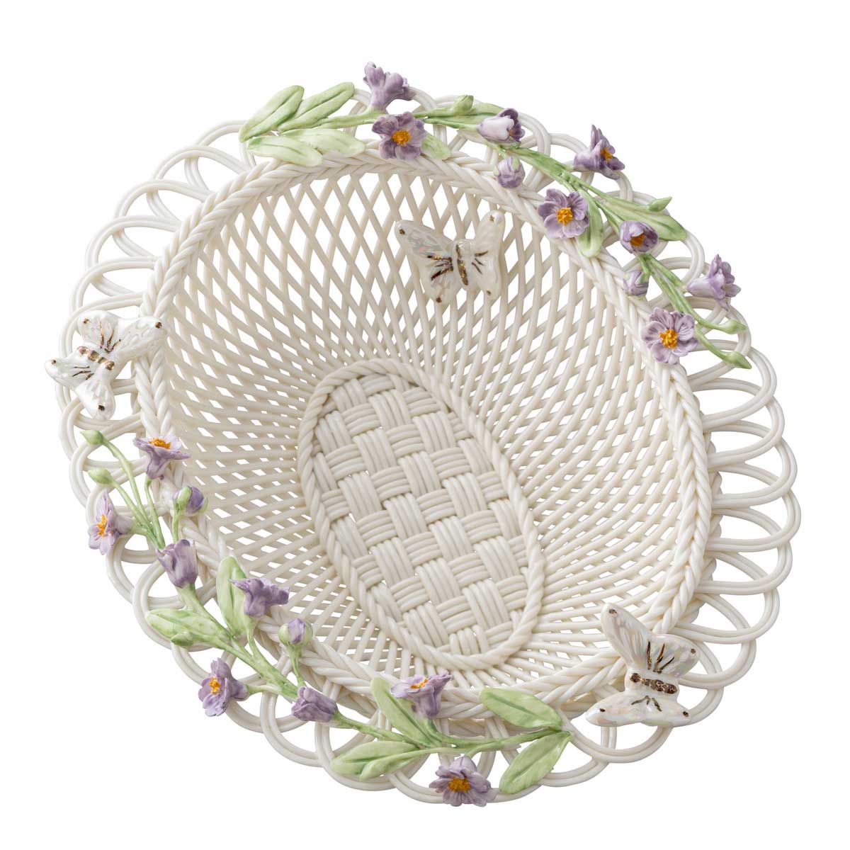 belleek pottery irish flax annual basket limited edition 2026 with floral embellishments on a white background