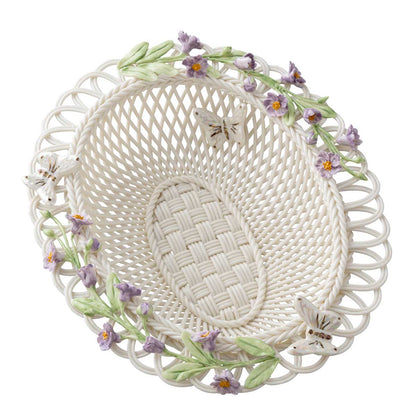 Belleek Pottery Irish Flax Annual Basket Limited Edition 2026 with floral embellishments on a white background