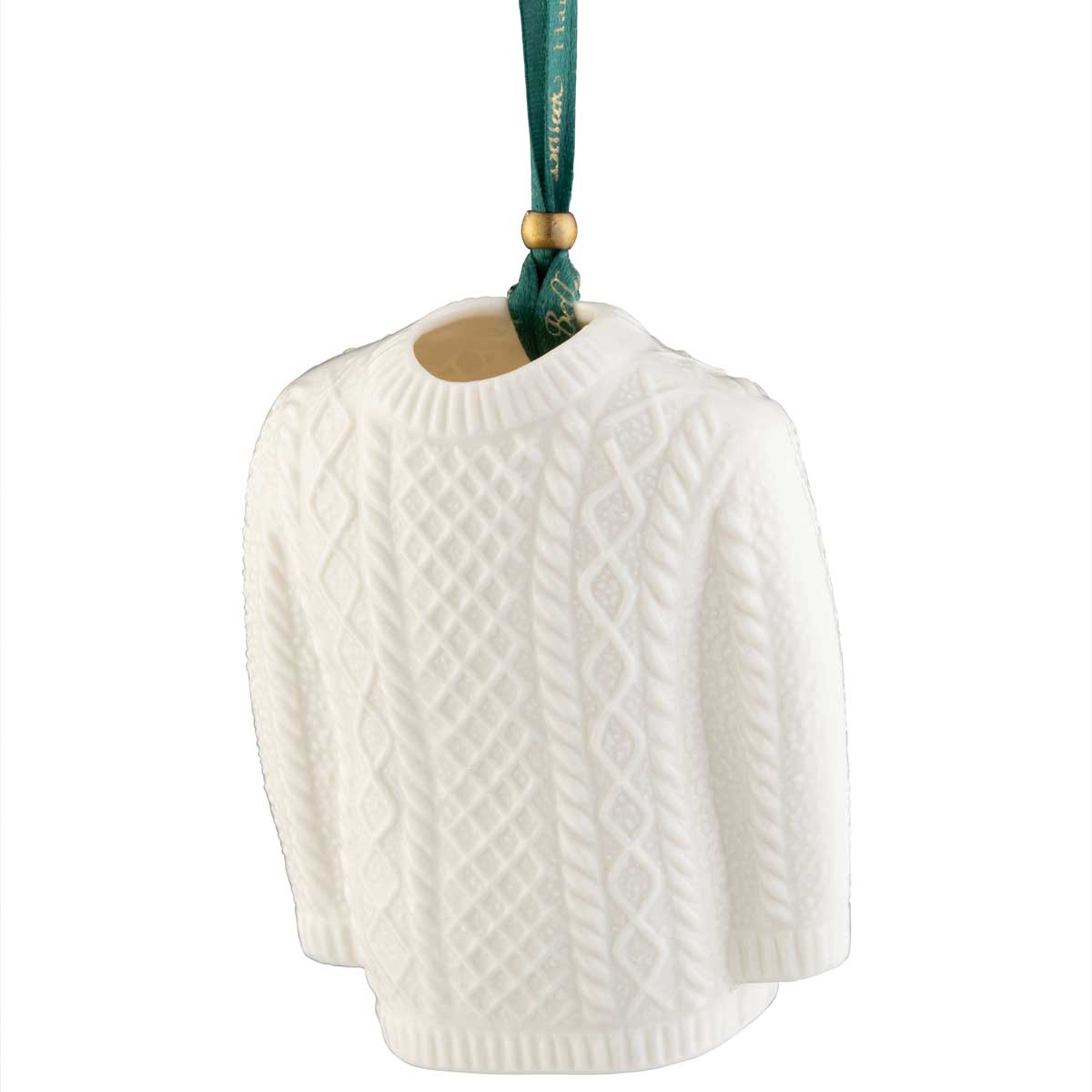 belleek pottery aran jumper christmas ornament, from a green ribbon on a white background.