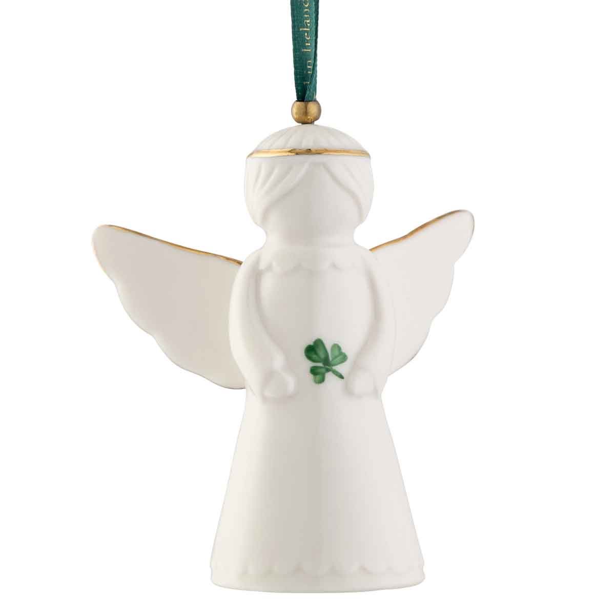 irish christmas | belleek pottery angel hanging ornament with a green hanging ribbon,  shown against a plain white background.
