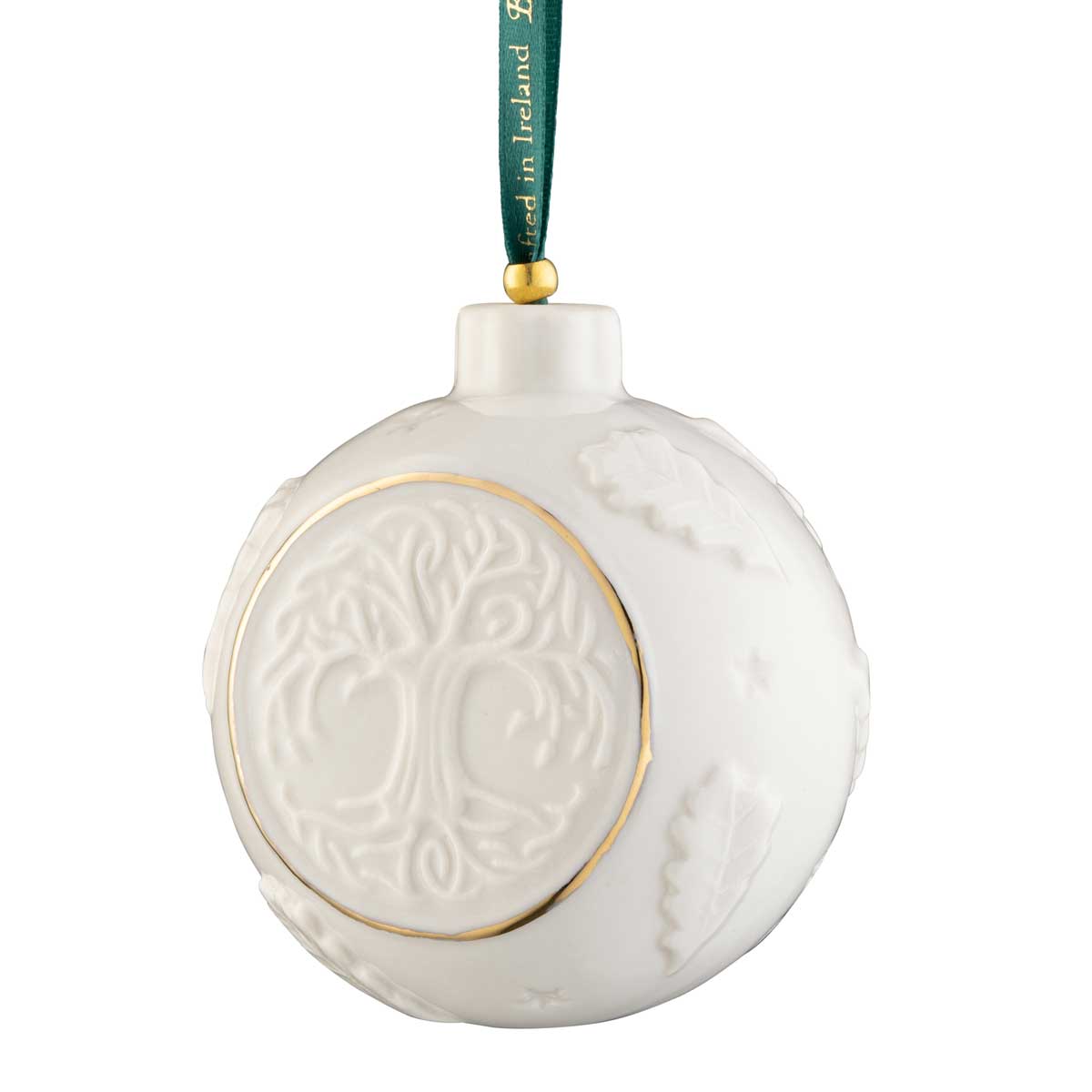 belleek pottery celtic tree of life bauble hanging from a green ribbon on a white background