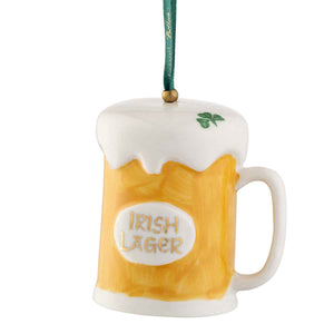 Irish Christmas Belleek Pottery Beer Hanging Ornament, and a green hanging ribbon with gold lettering.