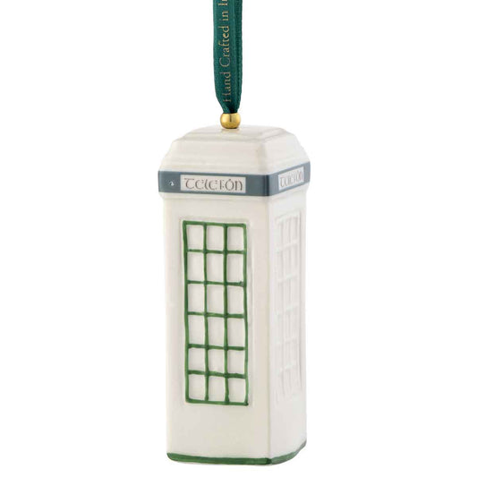 Irish Christmas Belleek Pottery Traditional Irish Telephone (Telefón) Box Ornament with green accents and a dark green hanging ribbon, shown on a plain white background.