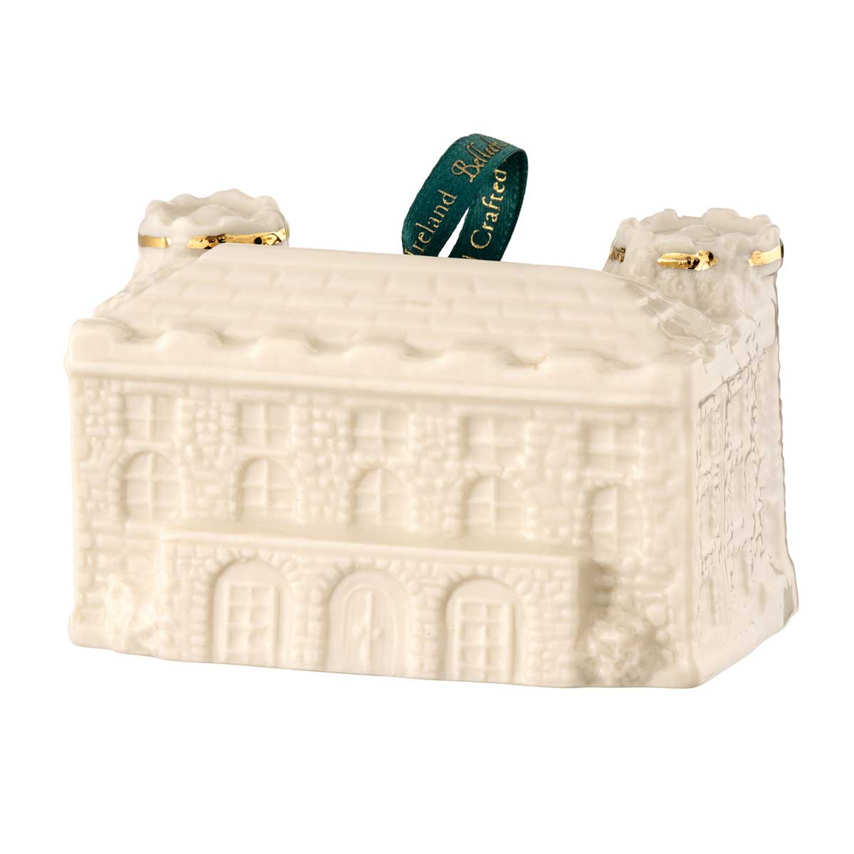 reverse view of the kilkenny castle belleek pottery annual irish christmas ornament 2026 with a green ribbon on a white background.