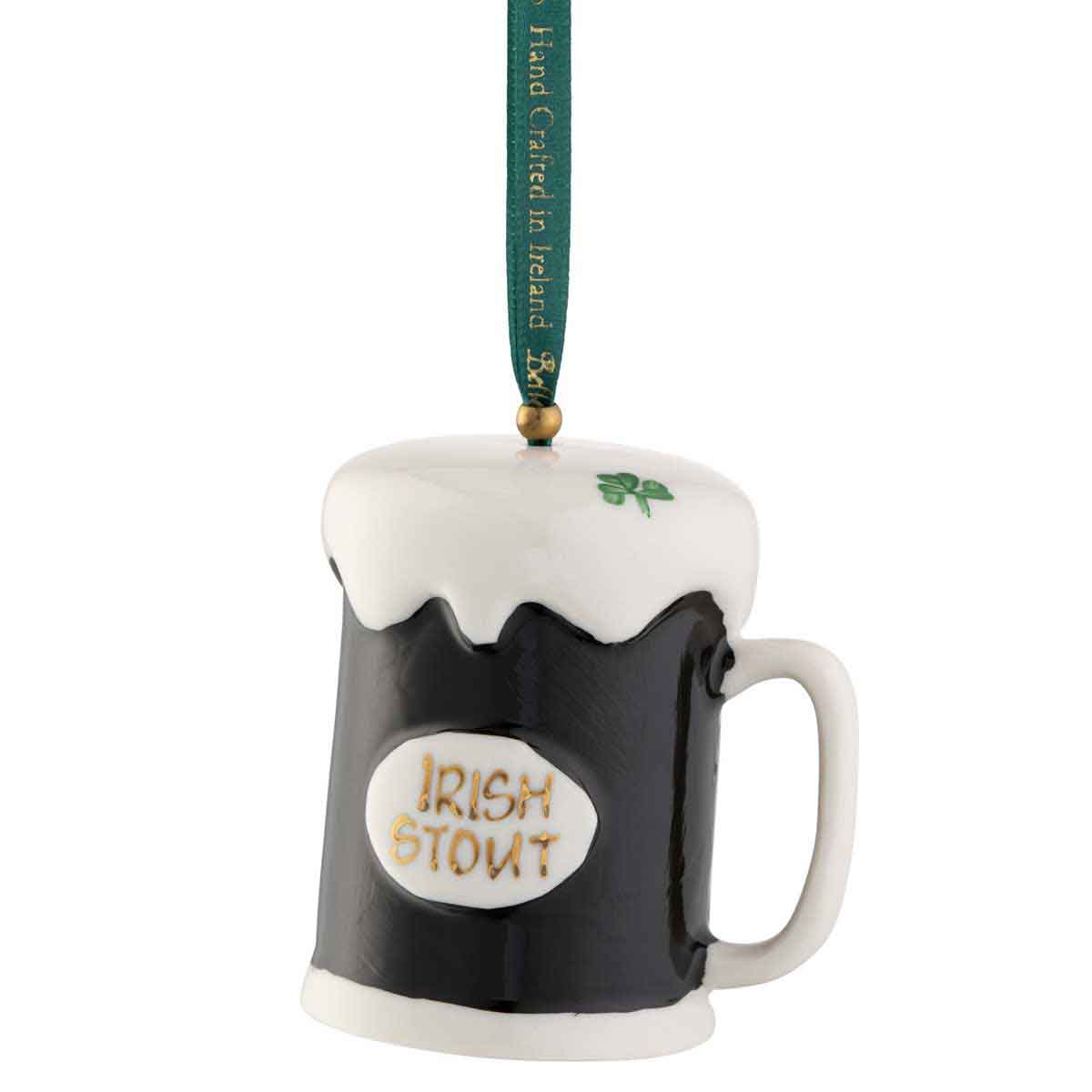 irish christmas | belleek pottery stout hanging ornament, and a green hanging ribbon, on a white background