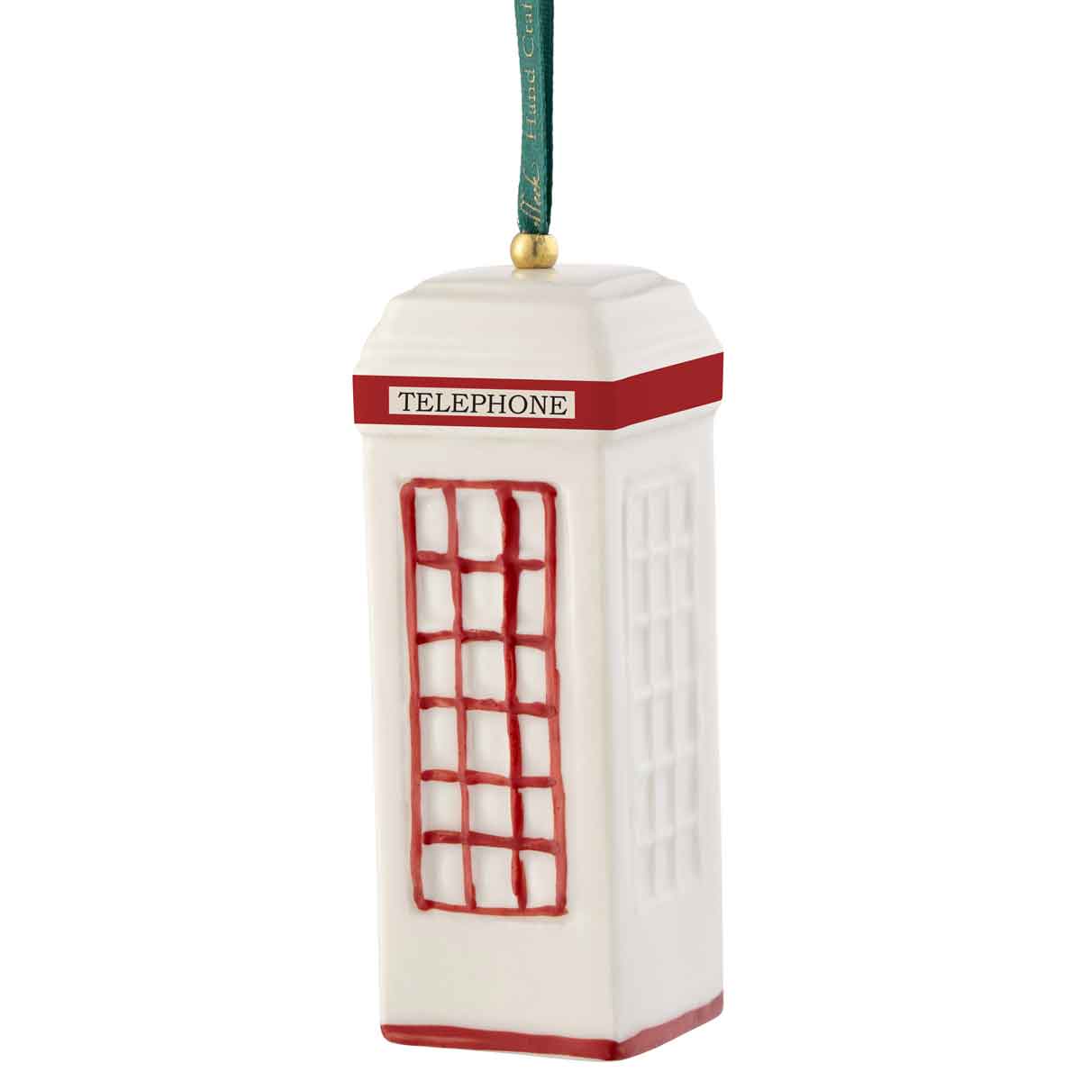 a white and red ceramic christmas ornament shaped like a traditional irish telephone box ornament with red coloring, a green hanging ribbon and gold loop at the top.
