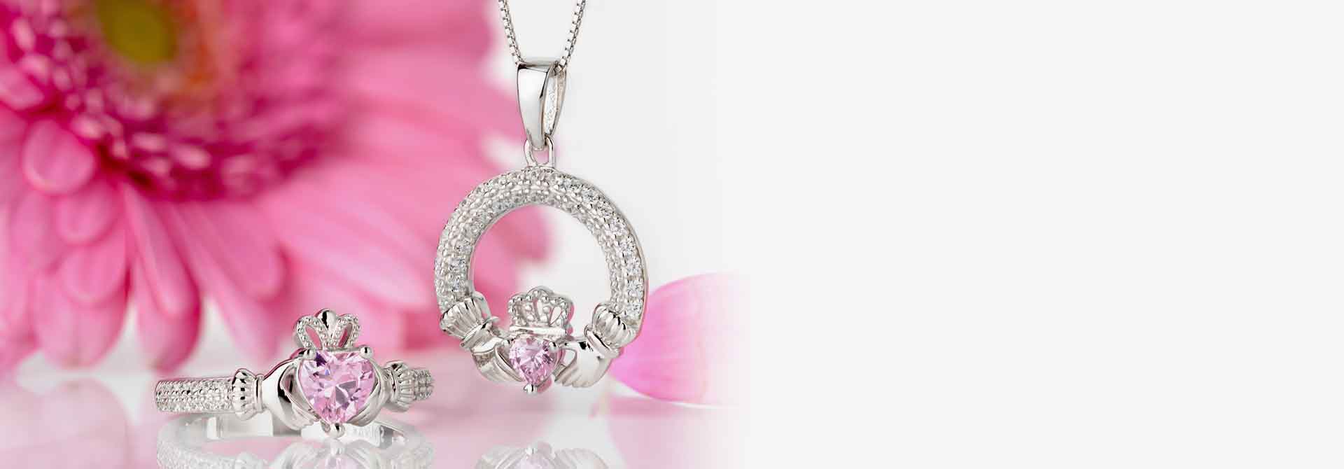 Sterling Silver Claddagh Ring & Necklace with pink tourmaline October birthstone heart
