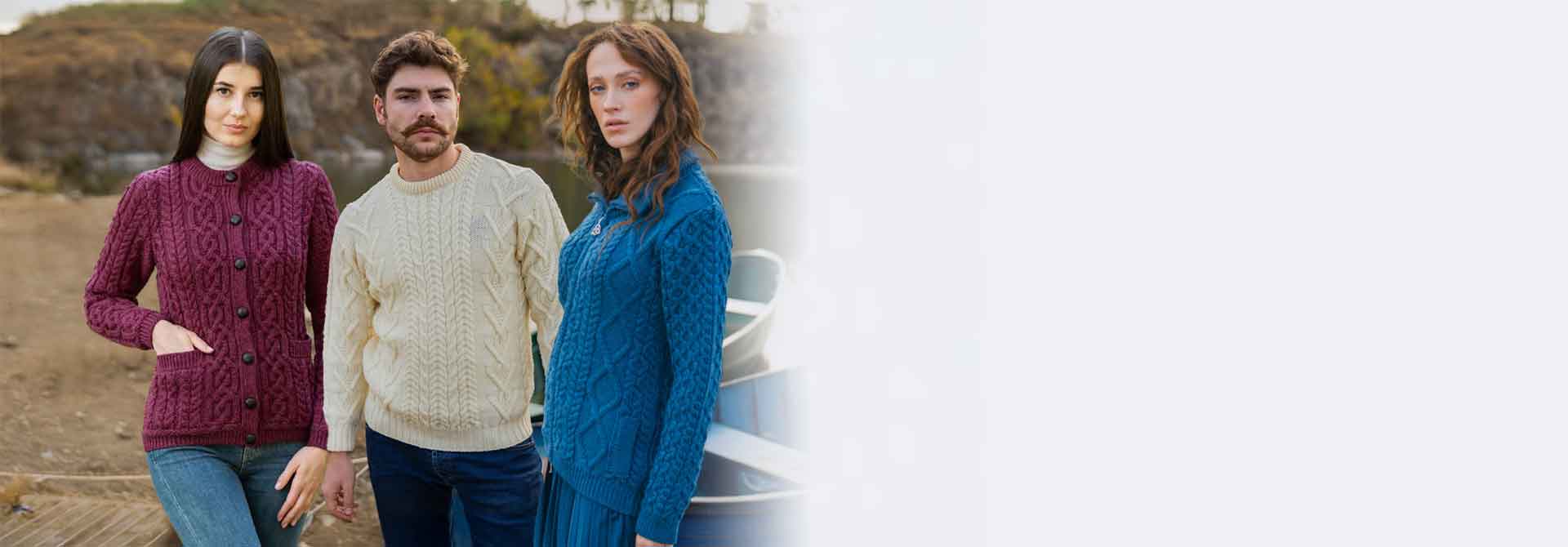 Three people wearing Irish Aran Knitwear in Red, White & Blue colors. Up to 60% OFF SALE. Shop Now