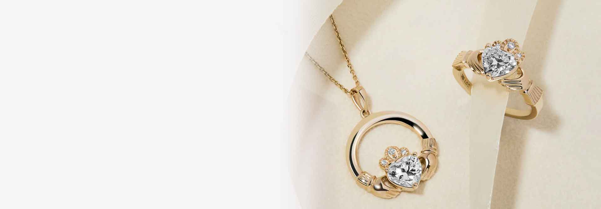 14k Gold Diamond Claddagh Necklace and Claddagh Ring