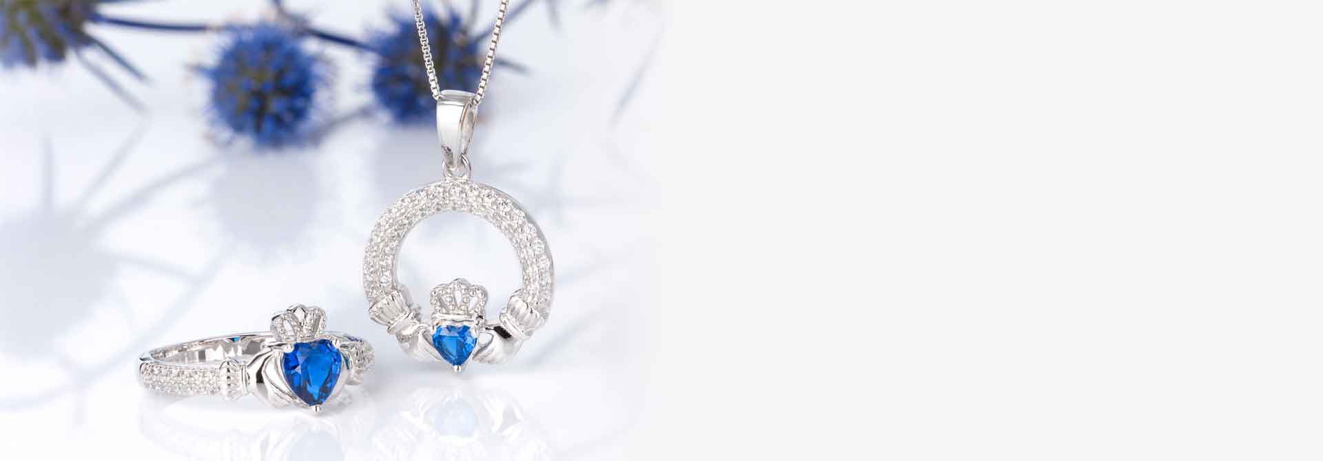 Sterling Silver Claddagh Ring & Necklace with blue September birthstone heart