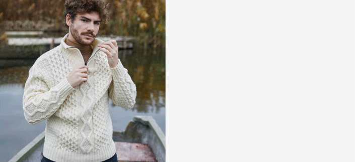 Man wearing a Natural Irish Aran Knit Half-Zip Mens Sweater standing by a lake