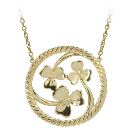 Irish Necklace | Gold Plated Sterling Silver Shamrock Round Pendant