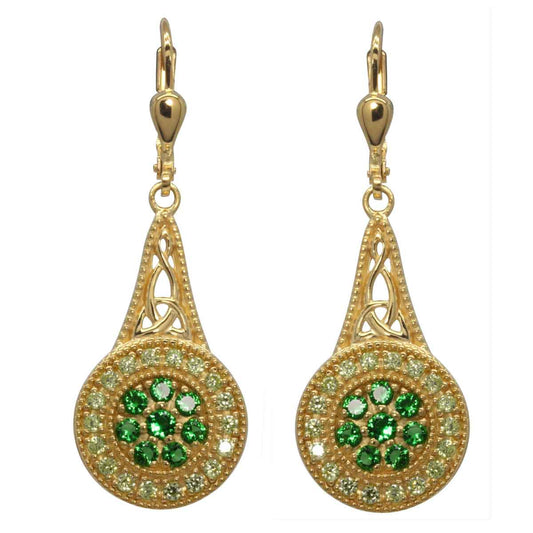 Irish Earrings | Gold Plated Sterling Silver with Crystal Celtic Trinity Knot Circle Drop Earrings