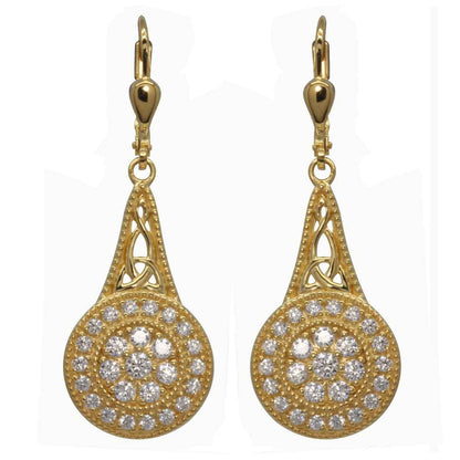 Irish Earrings | Gold Plated Sterling Silver with Crystal Celtic Trinity Knot Circle Drop Earrings