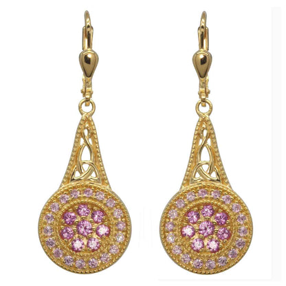 Irish Earrings | Gold Plated Sterling Silver with Crystal Celtic Trinity Knot Circle Drop Earrings